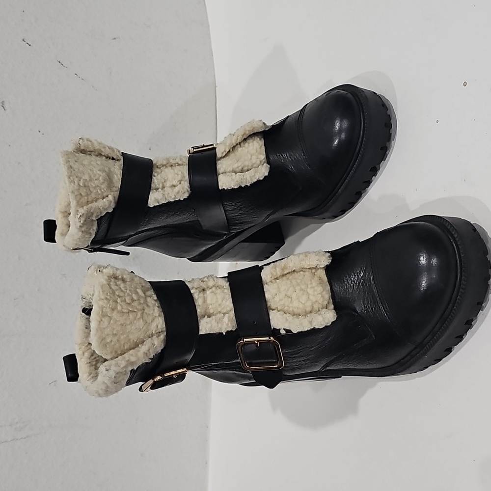 Nine West Black Leather combat Ankle  boots with Faux Shearling Size 10.5 - Picture 4 of 14